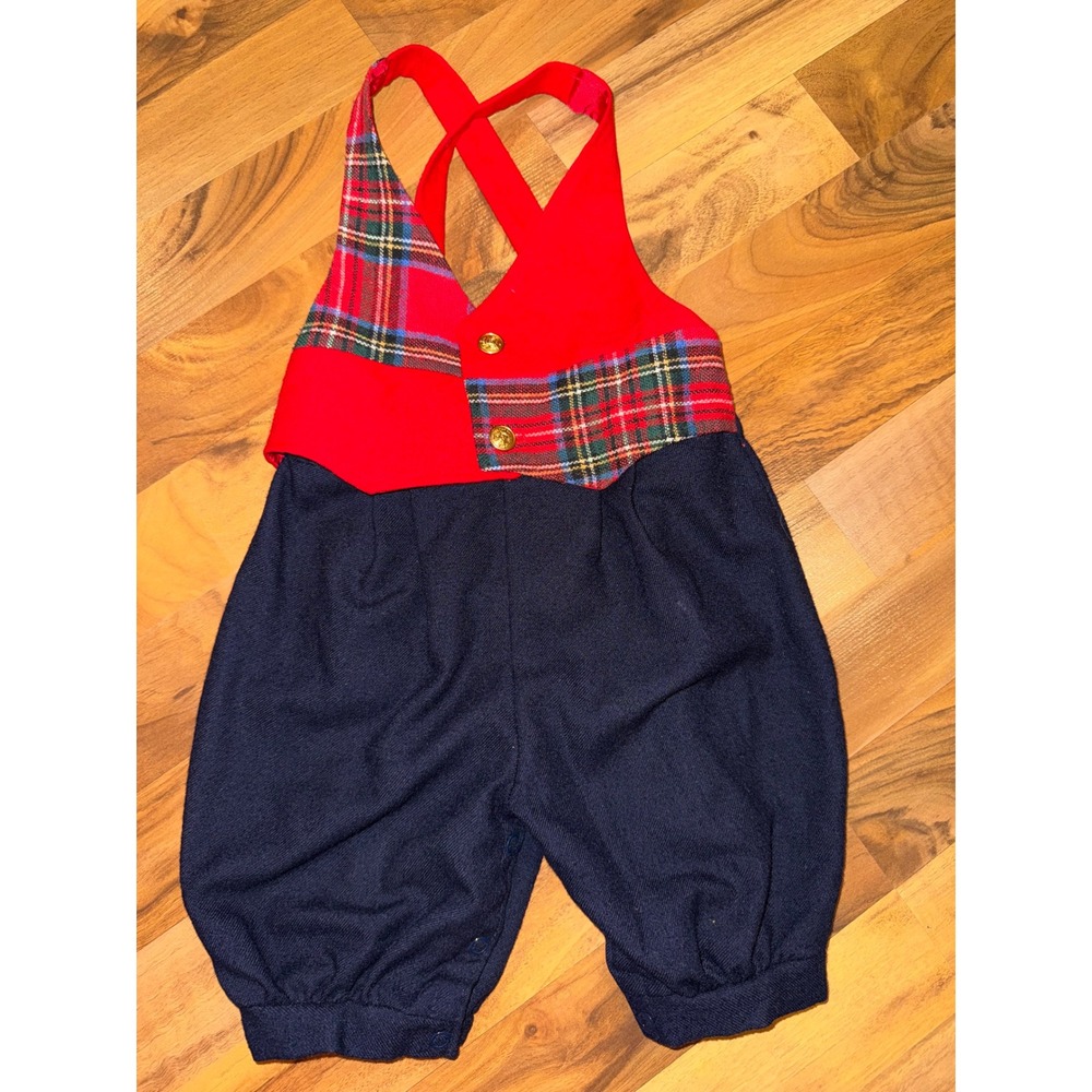 Vintage Plaid Vest Romper Kids 18 Months Navy Red Good Holiday Special Occasion